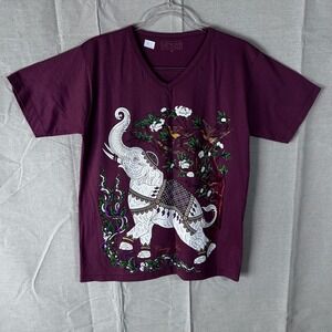 My Dream Thailand Elephant Graphic V-Neck T-Shirt Maroon‎ Cotton Mens Medium